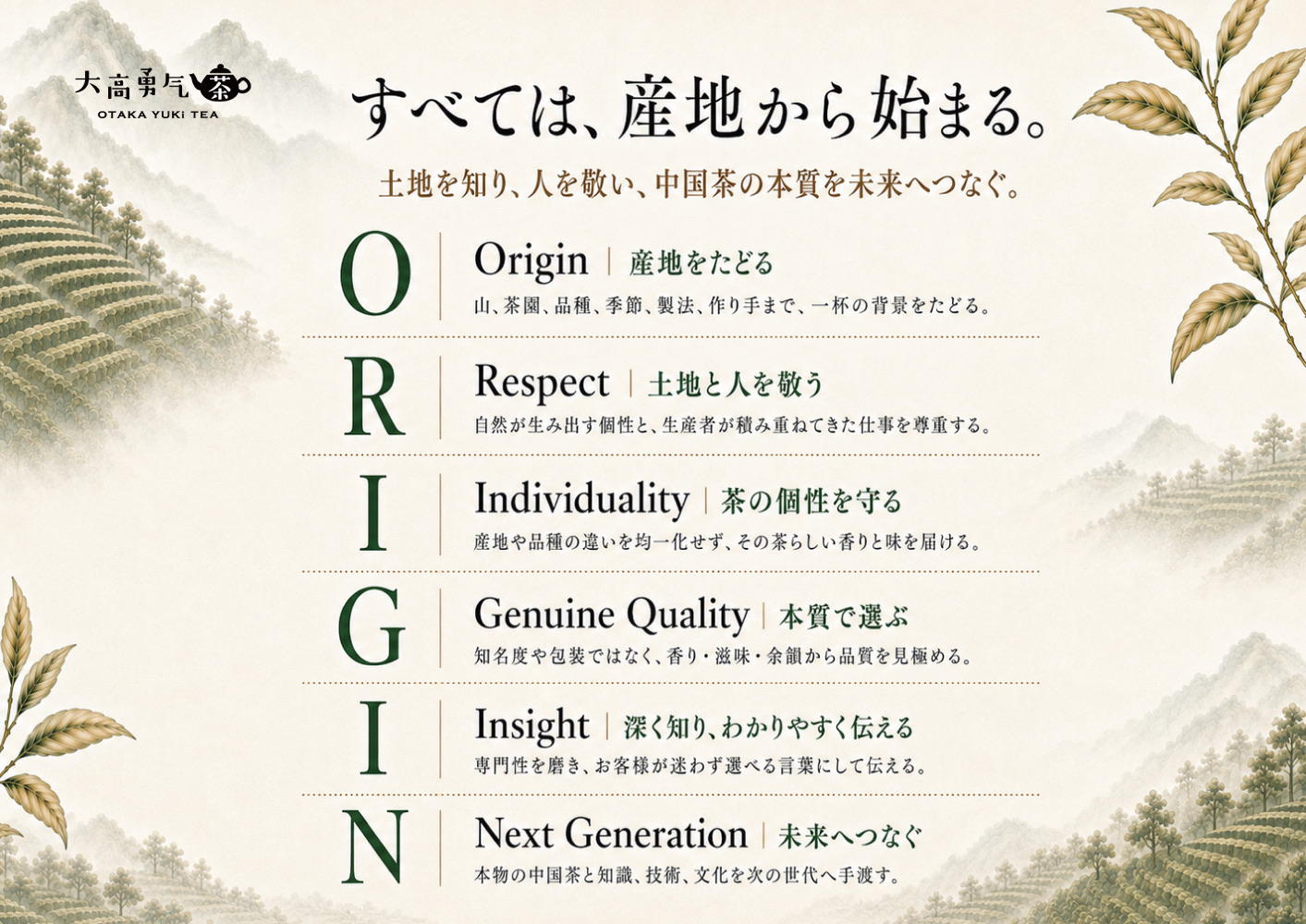 ORIGIN―産地をたどる、土地と人を敬う、茶の個性を守る、本質で選ぶ、深く知りわかりやすく伝える、未来へつなぐ